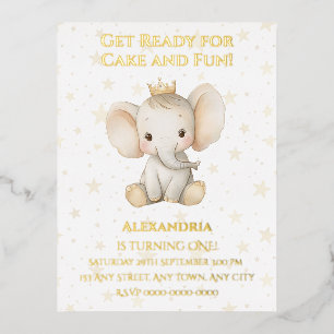 Baby's 1st birthday personalised princess elephant foil invitation postcard
