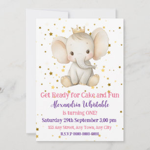 Baby's 1st birthday personalised princess elephant invitation