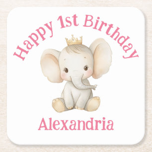 Baby's 1st birthday personalised princess elephant square paper coaster