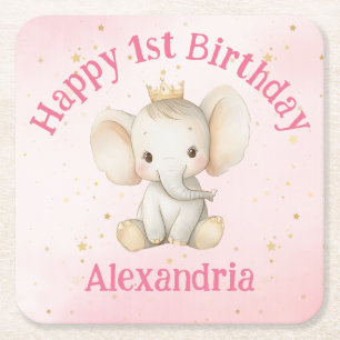 Baby's 1st birthday personalised princess elephant square paper coaster