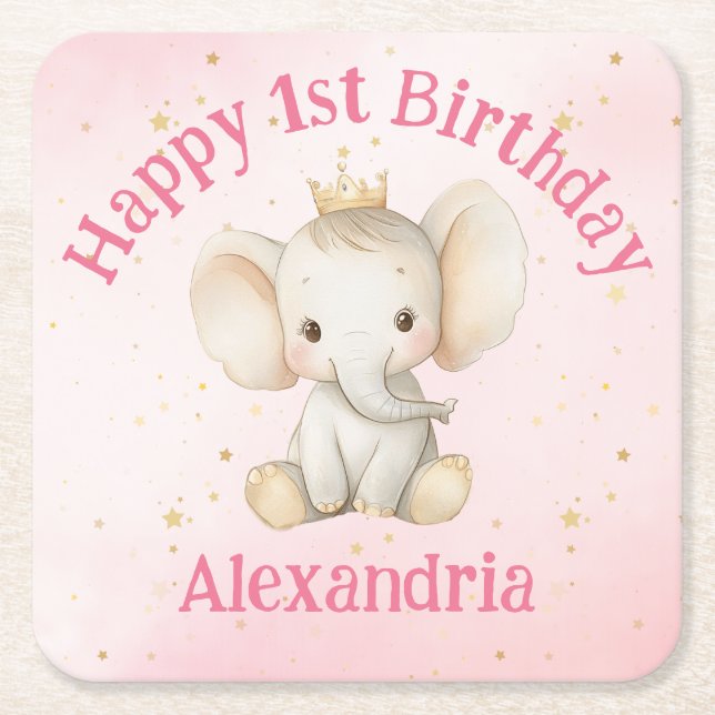 Baby's 1st birthday personalised princess elephant square paper coaster (Front)
