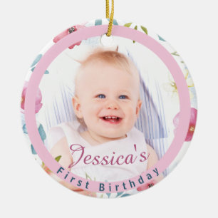 Baby's 1st Birthday Photo Floral Keepsake Ceramic Ornament