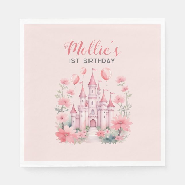 Baby's 1st Birthday Pink Castle Princess Napkin (Front)