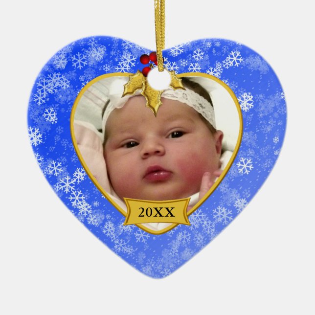 Baby's 1st Christmas Blue and Gold Photo Ceramic Ornament (Front)