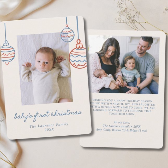 Baby's 1st Christmas Blue & Red Ornament 2 Photo Holiday Card (Baby's 1st Christmas Blue & Red Ornament 2 Photo Holiday Card)