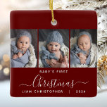 Baby's 1st Christmas Burgundy Red 3 Photo Script Ceramic Ornament<br><div class="desc">Help them commemorate their grandchild's first Christmas with this beautiful modern keepsake ornament. The white text reads "Baby's first Christmas, " with the word "Christmas" in elegant handwriting script with flourishes before and after on a burgundy red background. Replace the three sample images with your favourite vertical photos, and add...</div>