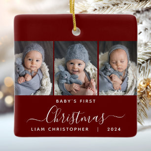 Baby's 1st Christmas Burgundy Red 3 Photo Script Ceramic Ornament