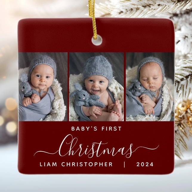 Baby's 1st Christmas Burgundy Red 3 Photo Script Ceramic Ornament (Creator Uploaded)