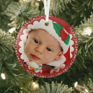 Baby's 1st Christmas Custom Name Photo Red Wreath Glass Tree Decoration