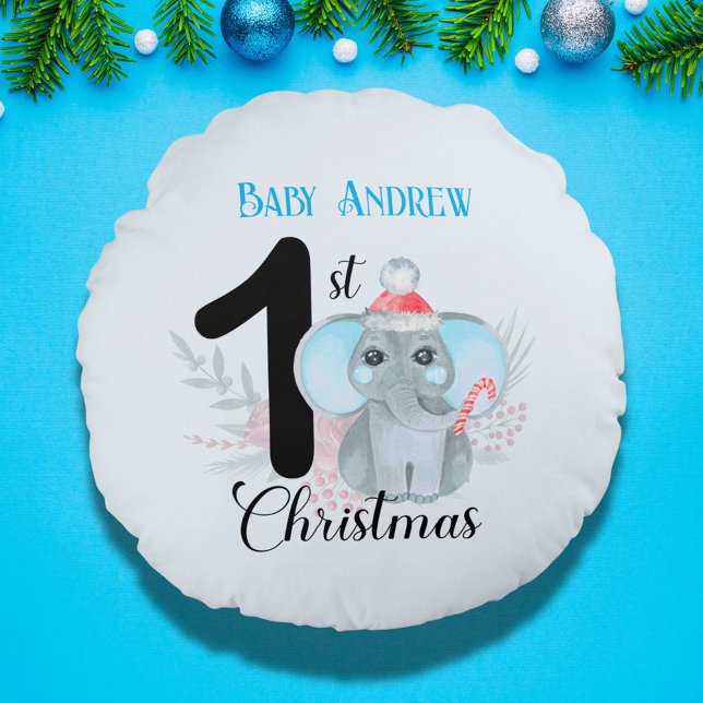 Baby's 1st Christmas Cute Blue Elephant Keepsake Round Cushion (Creator Uploaded)