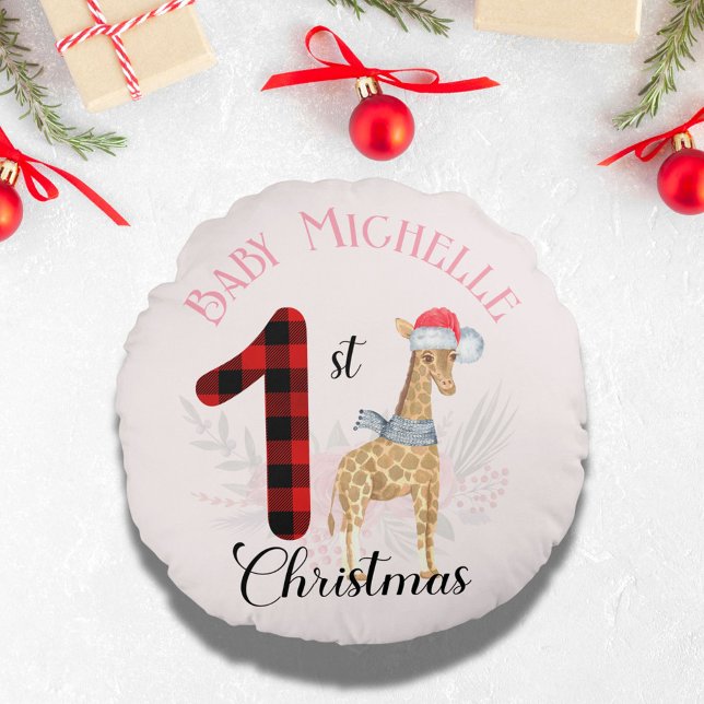 Baby's 1st Christmas Cute Giraffe Santa Hat Name Round Cushion (Creator Uploaded)
