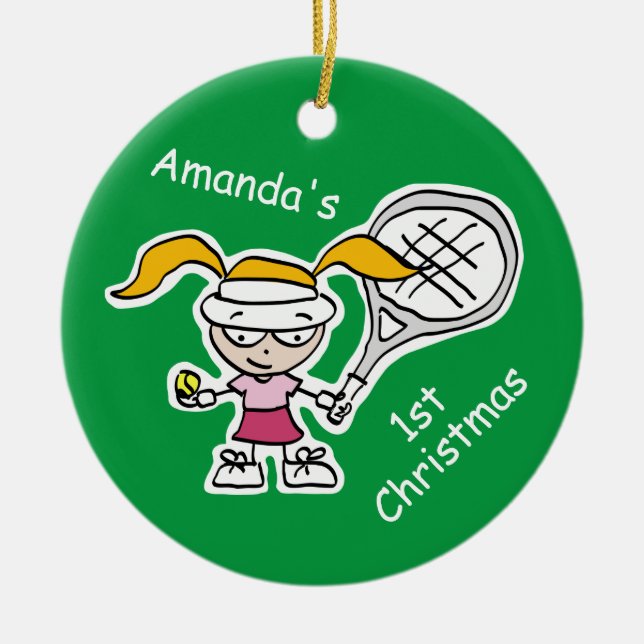 Baby's 1st Christmas cute kids tennis cartoon Ceramic Ornament (Front)