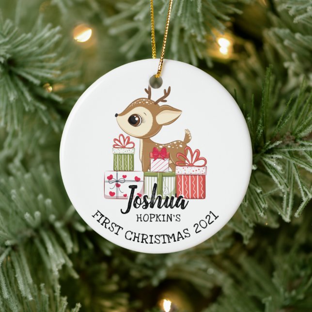 Baby's 1st Christmas Cute Winter Fawn Deer Doe  Ceramic Ornament (Tree)