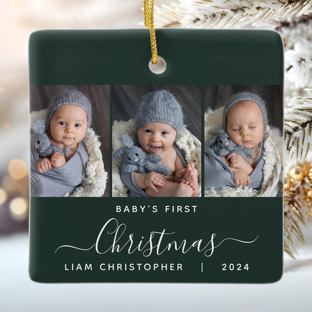 Baby's 1st Christmas Dark Green 3 Photo Script Ceramic Ornament (Creator Uploaded)