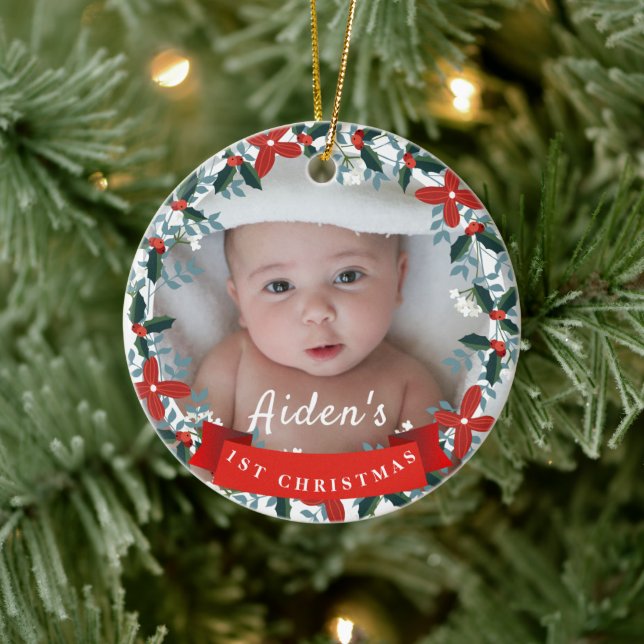 Baby's 1st Christmas Floral Wreath Photo Keepsake Ceramic Ornament (Tree)