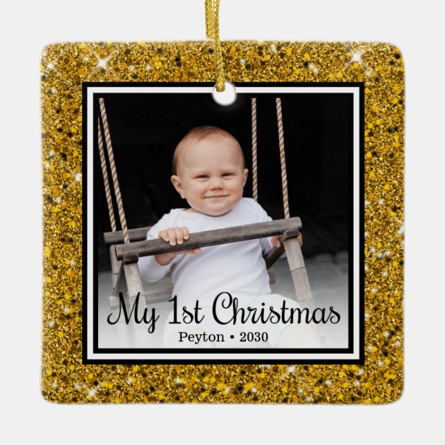 Baby's 1st Christmas Gold Glittery Ceramic Ornament (Front)