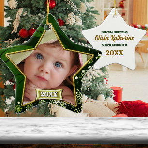 Baby's 1st Christmas Green and Gold Photo Frame Ceramic Ornament