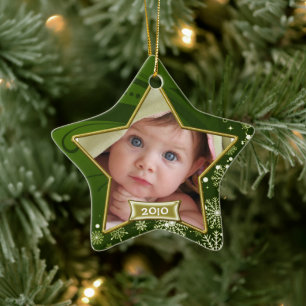 Baby's 1st Christmas Green and Gold Photo Frame Ceramic Tree Decoration