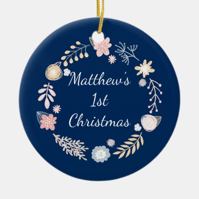 Baby's 1st Christmas Holiday Blue Botanical Ceramic Ornament (Front)