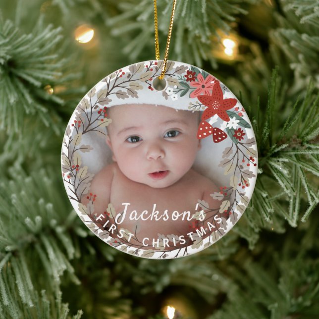 Baby's 1st Christmas Holly Wreath Photo Keepsake Ceramic Ornament (Tree)