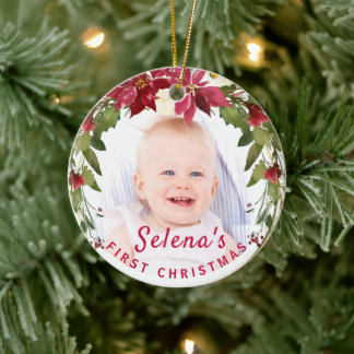 Baby's 1st Christmas Holly Wreath Photo Keepsake Ceramic Ornament