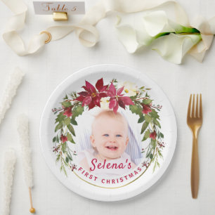 Baby's 1st Christmas Holly Wreath Photo Keepsake Paper Plate