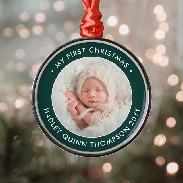 Baby's 1st Christmas Modern Photo Green and White Metal Ornament (Creator Uploaded)