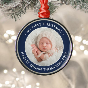 Baby's 1st Christmas Modern Photo Navy Blue White Metal Ornament