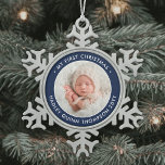 Baby's 1st Christmas Modern Photo Navy Blue White Snowflake Pewter Christmas Ornament<br><div class="desc">Celebrate the simple joys of the holiday season with a stylish navy blue and white custom photo round metal snowflake Christmas ornament. Wording and picture on this template are simple to personalise. "My First Christmas" quote is easy to change in case the ornament is for another occasion. (IMAGE & TEXT...</div>