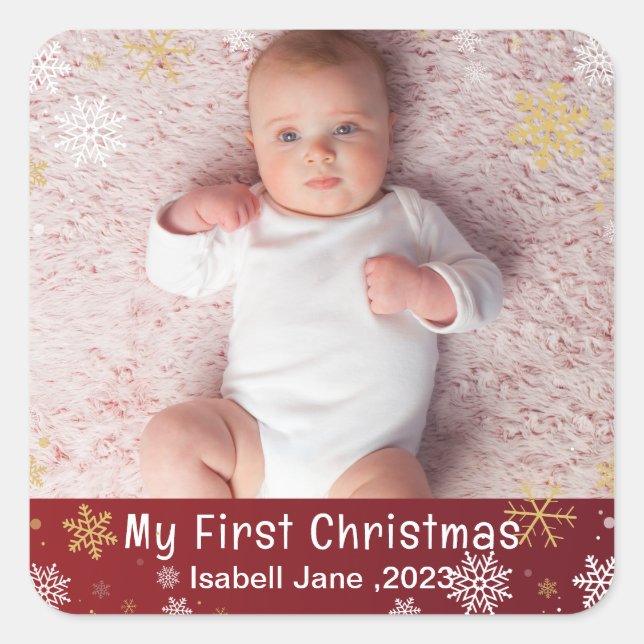 Baby's 1st Christmas Modern Photo White Snowflakes Square Sticker (Front)