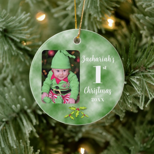 Baby's 1st Christmas One Photo Round Ceramic Ornament (Tree)