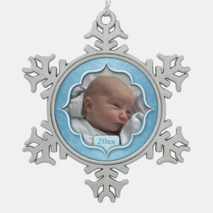 Baby's 1st Christmas or ANY PHOTO Blue Snowflake Snowflake Pewter Christmas Ornament