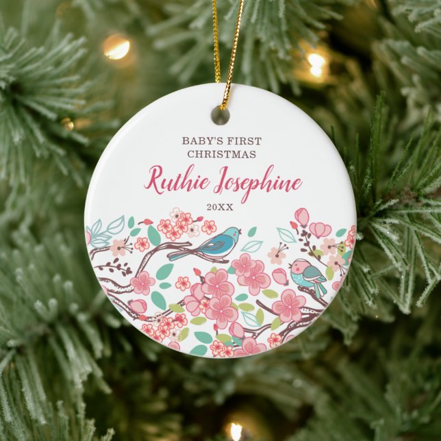 Baby's 1st Christmas Personalised Cute Birds Ceramic Ornament (Tree)