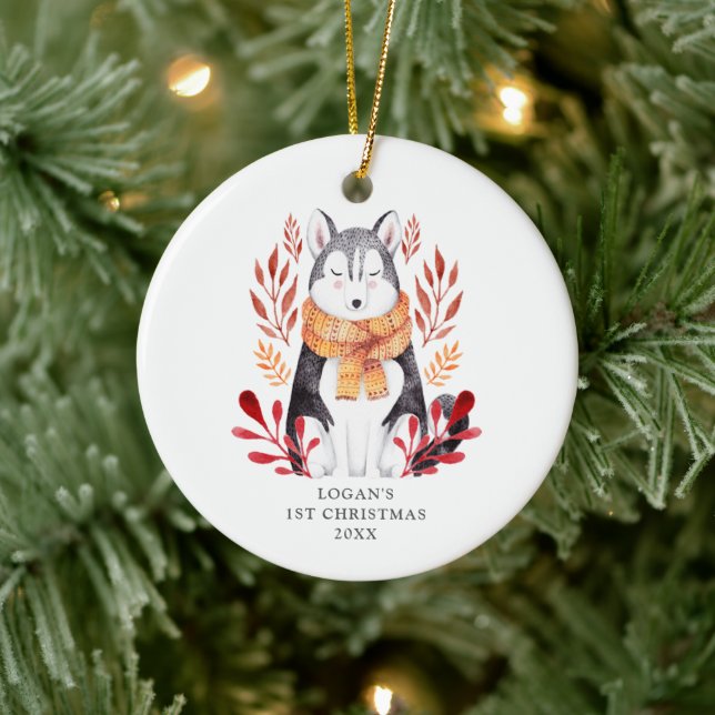 Baby's 1st Christmas Personalised Wolf Dog Husky Ceramic Ornament (Tree)