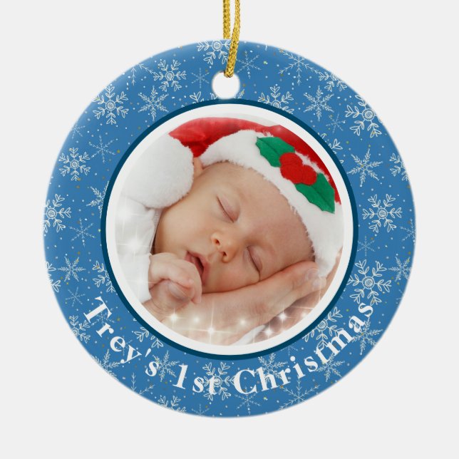 Baby's 1st Christmas Photo Blue / White Snowflakes Ceramic Ornament (Front)