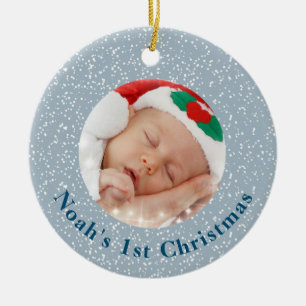 Baby's 1st Christmas Photo Blue with White Snow Ceramic Ornament