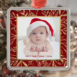 Babys 1st Christmas Photo Burgundy Gold Foliage Metal Ornament<br><div class="desc">Celebrate baby's first Christmas with this beautiful keepsake ornament. Easily replace the sample image with your own favourite photo and customise it with baby's name in burgundy red script font and the year below. A white gradient screen helps make the text pop. The photo is set off by an elegant...</div>