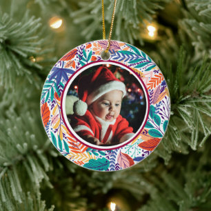 Baby's 1st Christmas Photo Colourful Foliage Ceramic Ornament