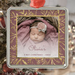 Babys 1st Christmas Photo Dusty Rose Gold Foliage Metal Ornament<br><div class="desc">Celebrate baby's first Christmas with this beautiful keepsake ornament. Easily replace the sample image with your own favourite photo and customise it with baby's name in dusty rose script font and the year below. A white gradient screen helps make the text pop. The photo is set off by an elegant...</div>