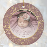 Babys 1st Christmas Photo Dusty Rose Gold Round Ceramic Ornament<br><div class="desc">Celebrate baby's first Christmas with this beautiful keepsake ornament. Easily replace the sample image with your own favourite photo and customise it with baby's name in dusty rose script font and the year below. A white gradient screen helps make the text pop. The photo is set off by an elegant...</div>