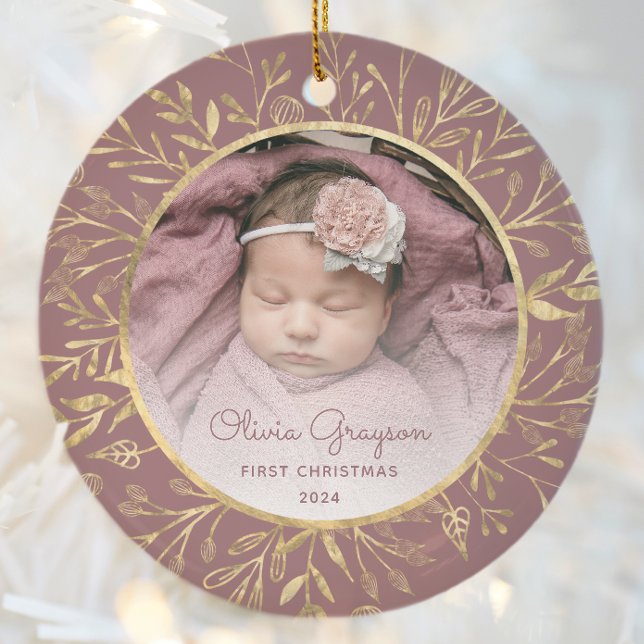 Babys 1st Christmas Photo Dusty Rose Gold Round Ceramic Ornament (Creator Uploaded)