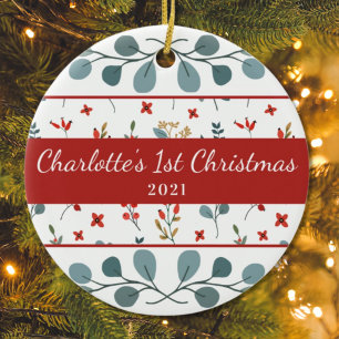 Babys 1st Christmas Photo Eucalyptus Berries Ceramic Ornament