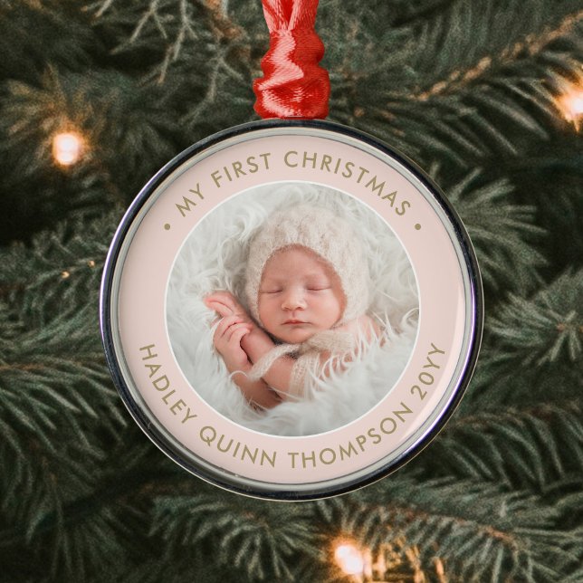 Baby's 1st Christmas Photo Girly Blush Pink & Gold Metal Ornament (Creator Uploaded)