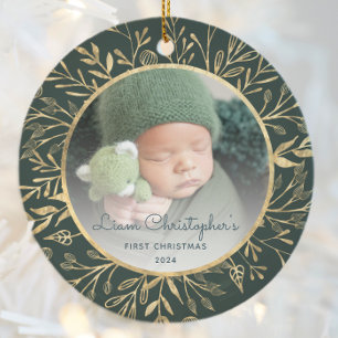 Babys 1st Christmas Photo Gold Foliage Green Round Ceramic Ornament