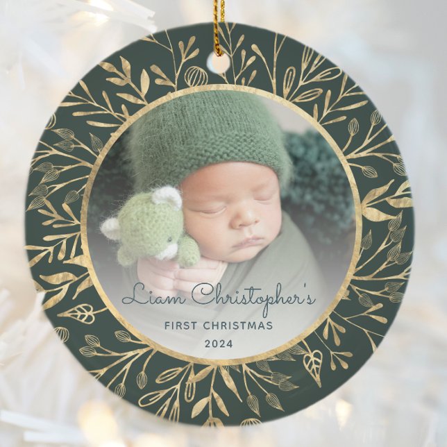 Babys 1st Christmas Photo Gold Foliage Green Round Ceramic Ornament (Creator Uploaded)