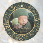Babys 1st Christmas Photo Gold Foliage Green Round Ceramic Ornament<br><div class="desc">Celebrate baby's first Christmas with this beautiful keepsake ornament. Easily replace the sample image with your own favourite photo and customise it with baby's name in gold-coloured script font and the year below. A black gradient screen helps make the text pop. The photo is set off by an elegant round...</div>