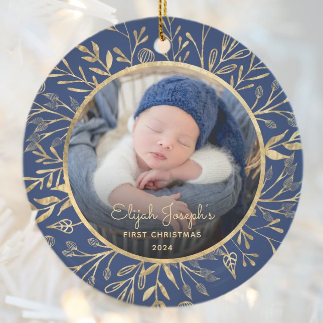 Baby's 1st Christmas Photo Gold Foliage Navy Blue Ceramic Ornament (Creator Uploaded)