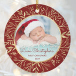 Babys 1st Christmas Photo Gold Foliage Red Round Ceramic Ornament<br><div class="desc">Celebrate baby's first Christmas with this beautiful keepsake ornament. Easily replace the sample image with your own favourite photo and customise it with baby's name in red script font and the year below. A white gradient screen helps make the text pop. The photo is set off by an elegant round...</div>