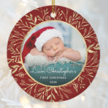 Babys 1st Christmas Photo Gold Foliage Red Round Ceramic Ornament<br><div class="desc">Celebrate baby's first Christmas with this beautiful keepsake ornament. Easily replace the sample image with your own favourite photo and customise it with baby's name in white script font and the year below. A black gradient screen helps make the text pop. The photo is set off by an elegant round...</div>