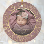 Babys 1st Christmas Photo Gold Foliage Rose Round Ceramic Ornament<br><div class="desc">Celebrate baby's first Christmas with this beautiful keepsake ornament. Easily replace the sample image with your own favourite photo and customise it with baby's name in gold-coloured script font and the year below. A black gradient screen helps make the text pop. The photo is set off by an elegant round...</div>